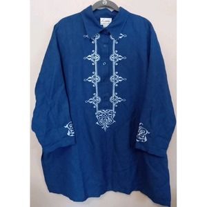 linea by‎ louis dell'olio Blue Embroidered 3/4 Sleeve Linen Blend Tunic Size 1X